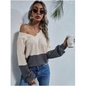 SHEIN Waffle Knit Colorblock Pullover